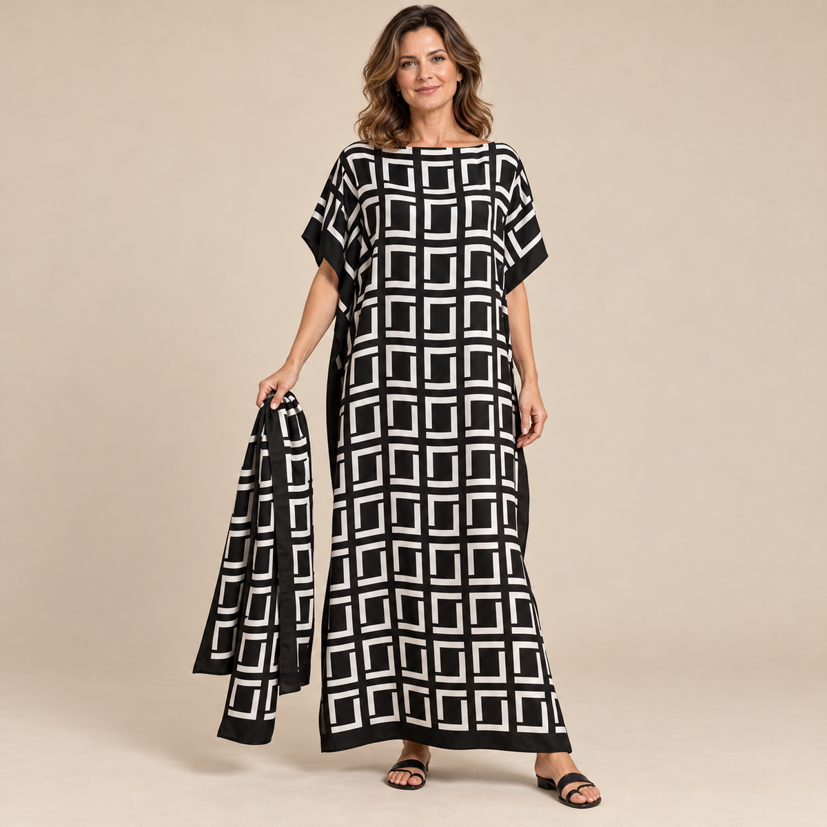 Printed Kaftan Maxi Dress & Matching Scarf Set