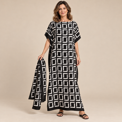 Printed Kaftan Maxi Dress & Matching Scarf Set