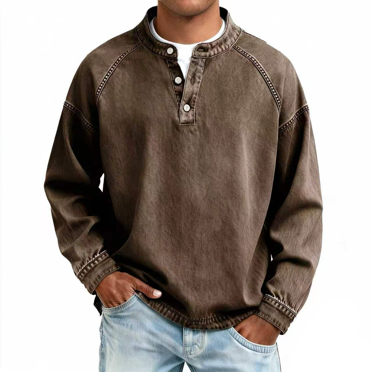 Vintage Wash Henley Sweatshirt | Casual Loose Fit Long Sleeve Top