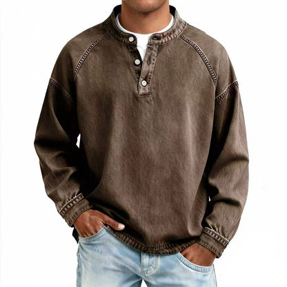 Vintage Wash Henley Sweatshirt | Casual Loose Fit Long Sleeve Top