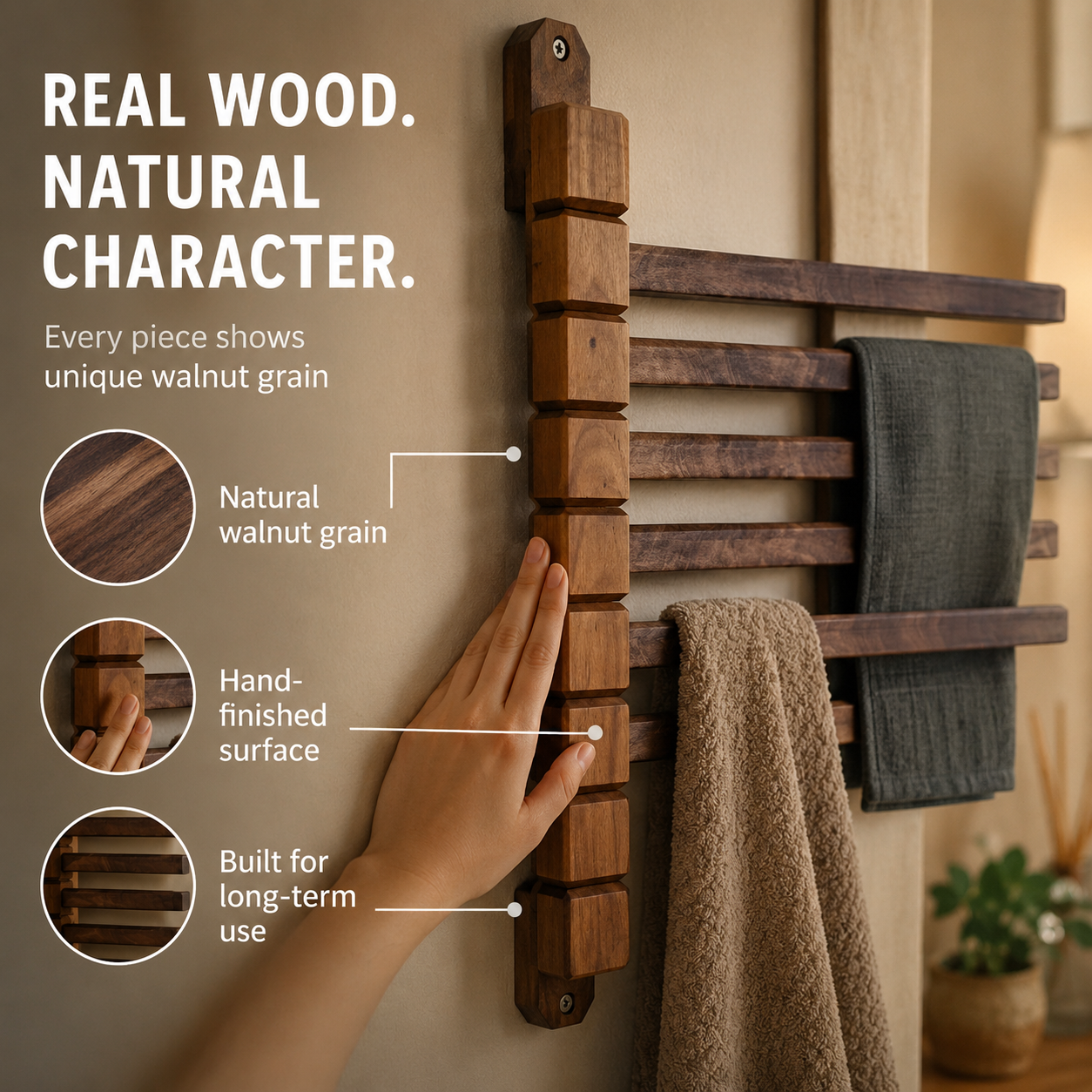 Premium Walnut Rotating Wall Rack for Clothes & Towels