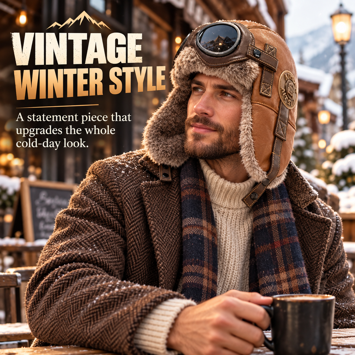 Vintage Aviator Trapper Hat with Faux Fur Lining