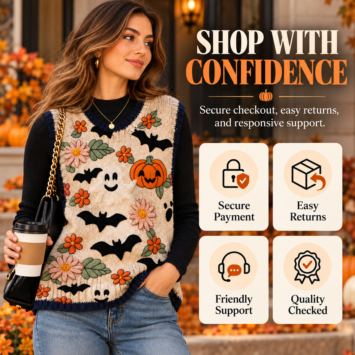 Women’s Halloween Knit Sweater Vest – Cozy Spooky Layering Top for Fall Outfits