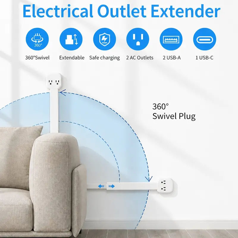 Rotating & Extendable Wall Outlet Extender – 4-in-1 Power Strip with USB-A & USB-C