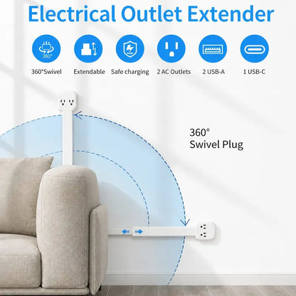 Rotating & Extendable Wall Outlet Extender – 4-in-1 Power Strip with USB-A & USB-C