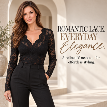 Women's Elegant V-Neck Floral Lace Long Sleeve Top