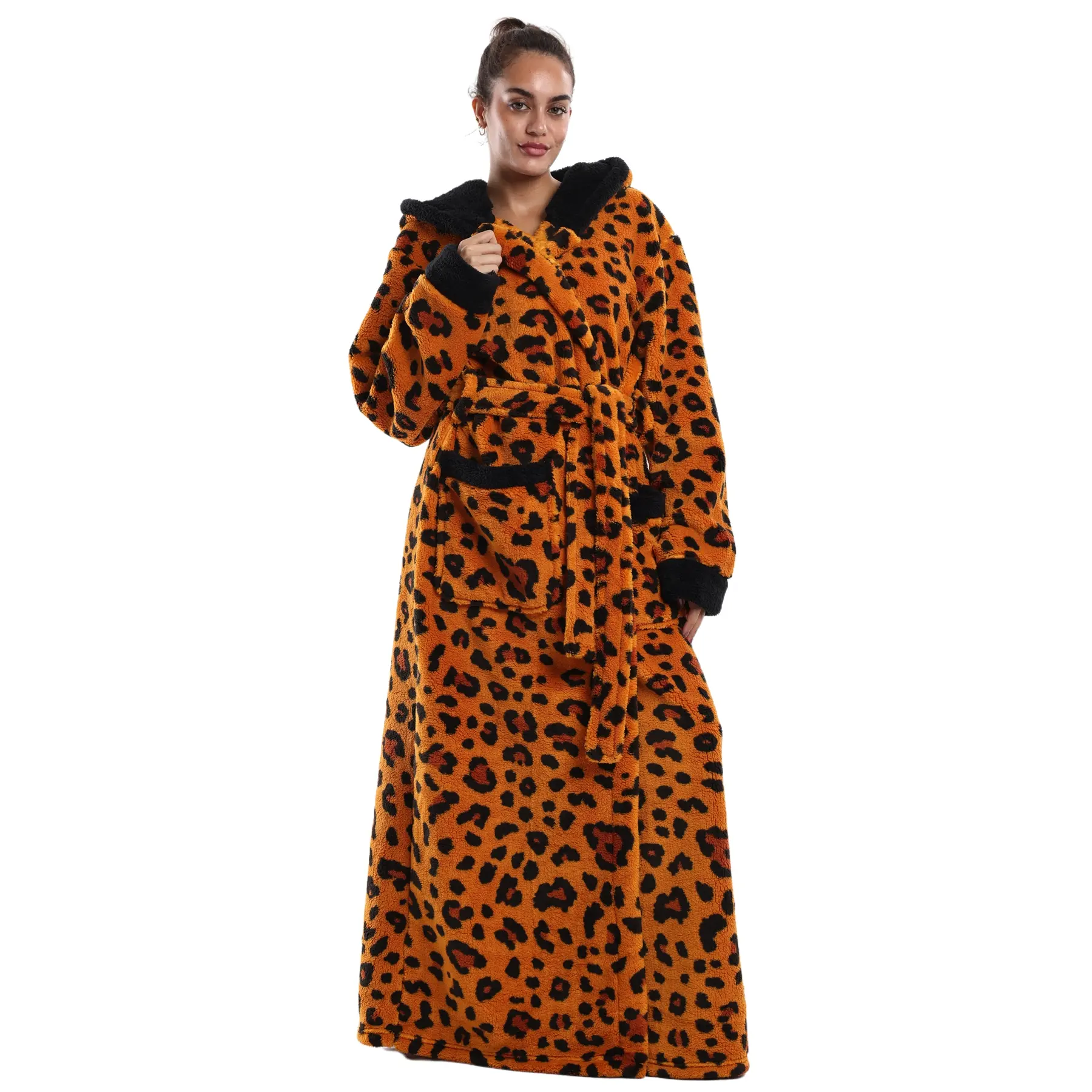 Treavhds™ Hooded Long Leopard Print Bathrobe - Thickened Flannel Fabric