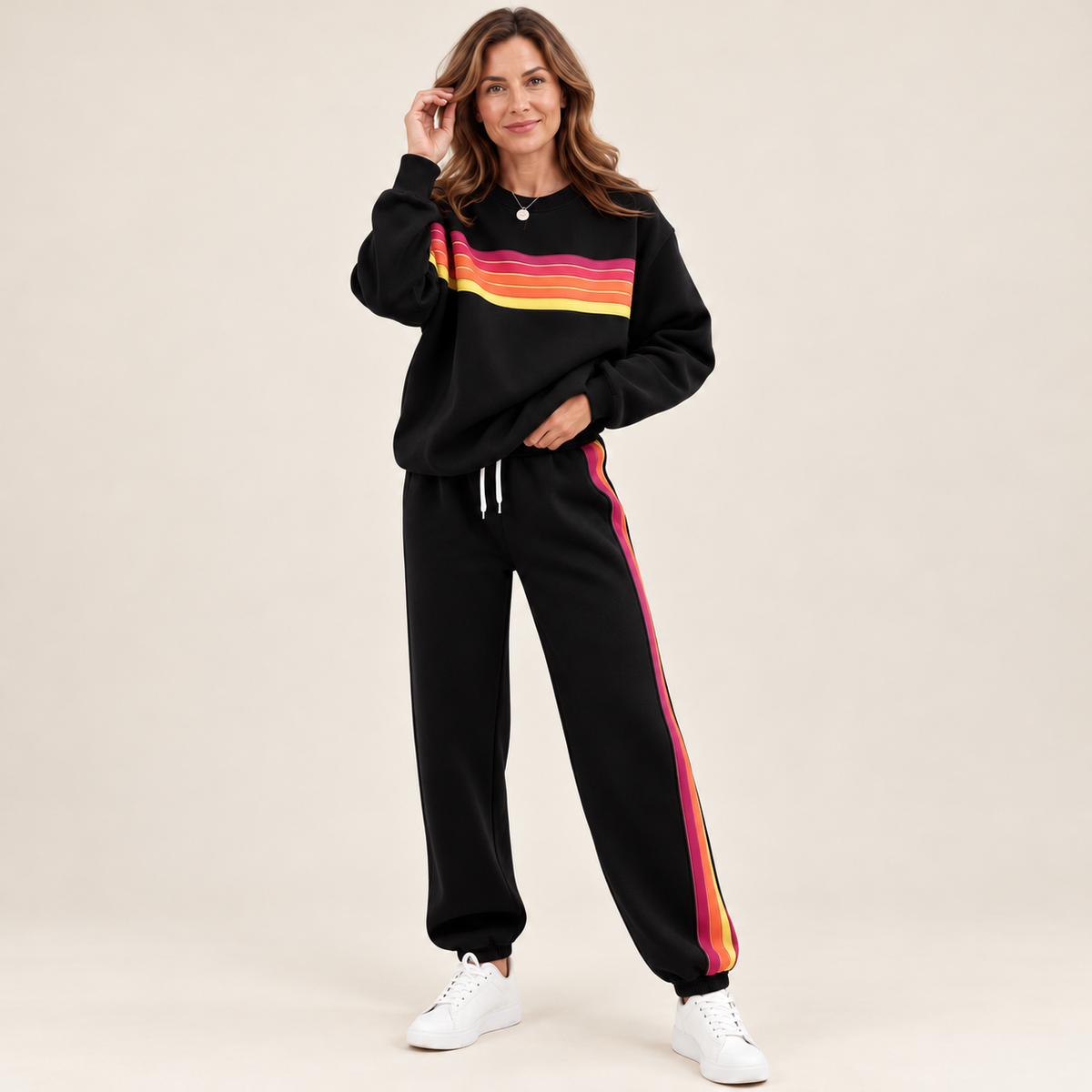 🌈Women's Retro Rainbow Stripe 2-Piece Set – Relaxed Sweatshirt & Drawstring Joggers 💕