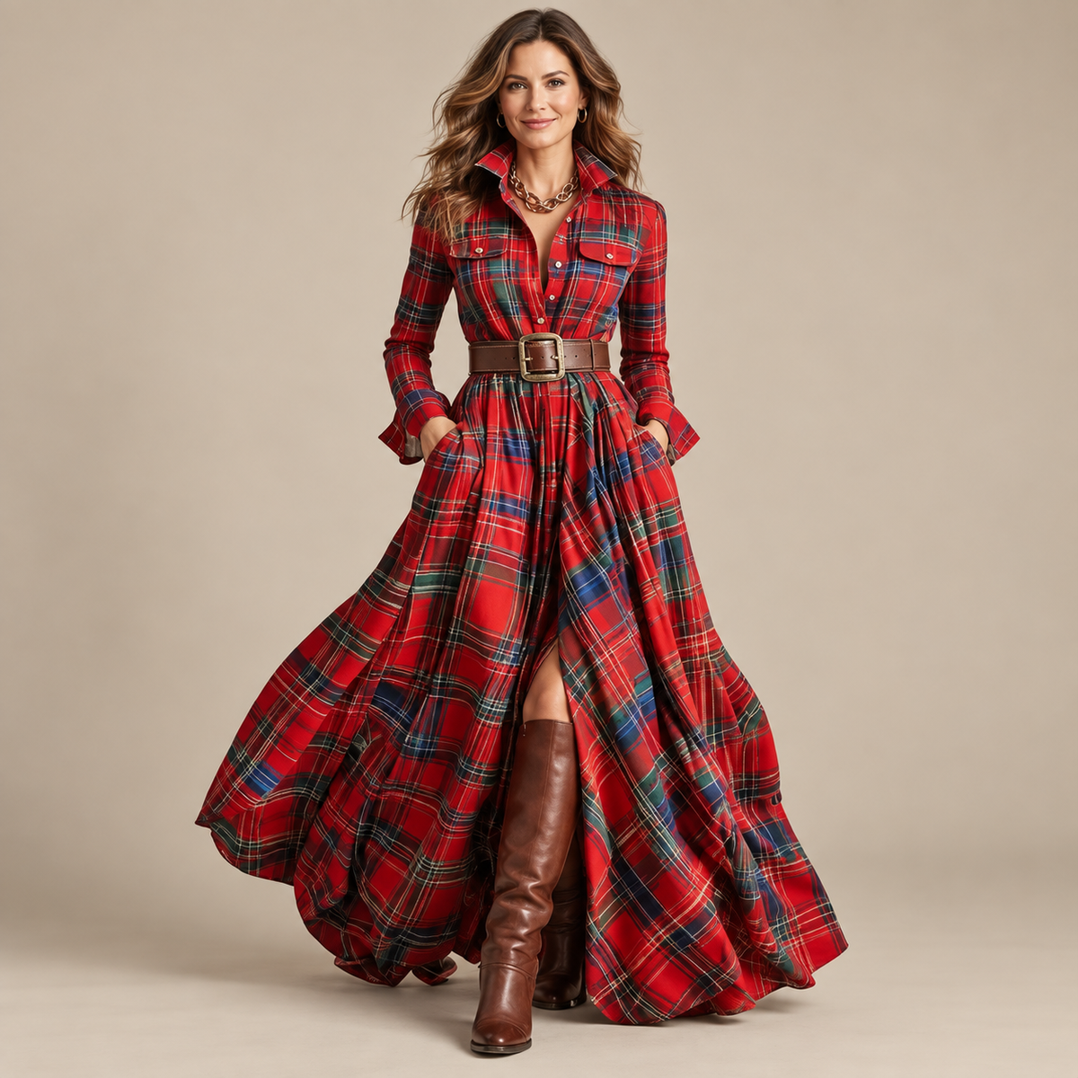 Vintage Plaid Button-Front Maxi Dress – Belt Included