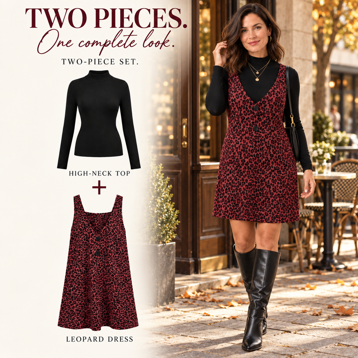 Women's Fall Leopard Print Two-Piece Layered Dress Set