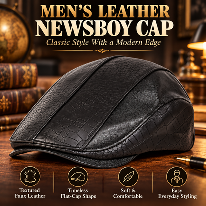 Men’s Leather Newsboy Cap – Vintage Flat Cap Style
