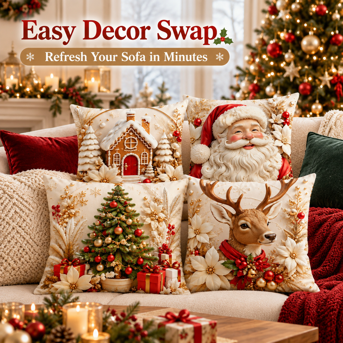 4 pack Christmas Pillow Cover Set – Easy Holiday Accent for a Festive Look
