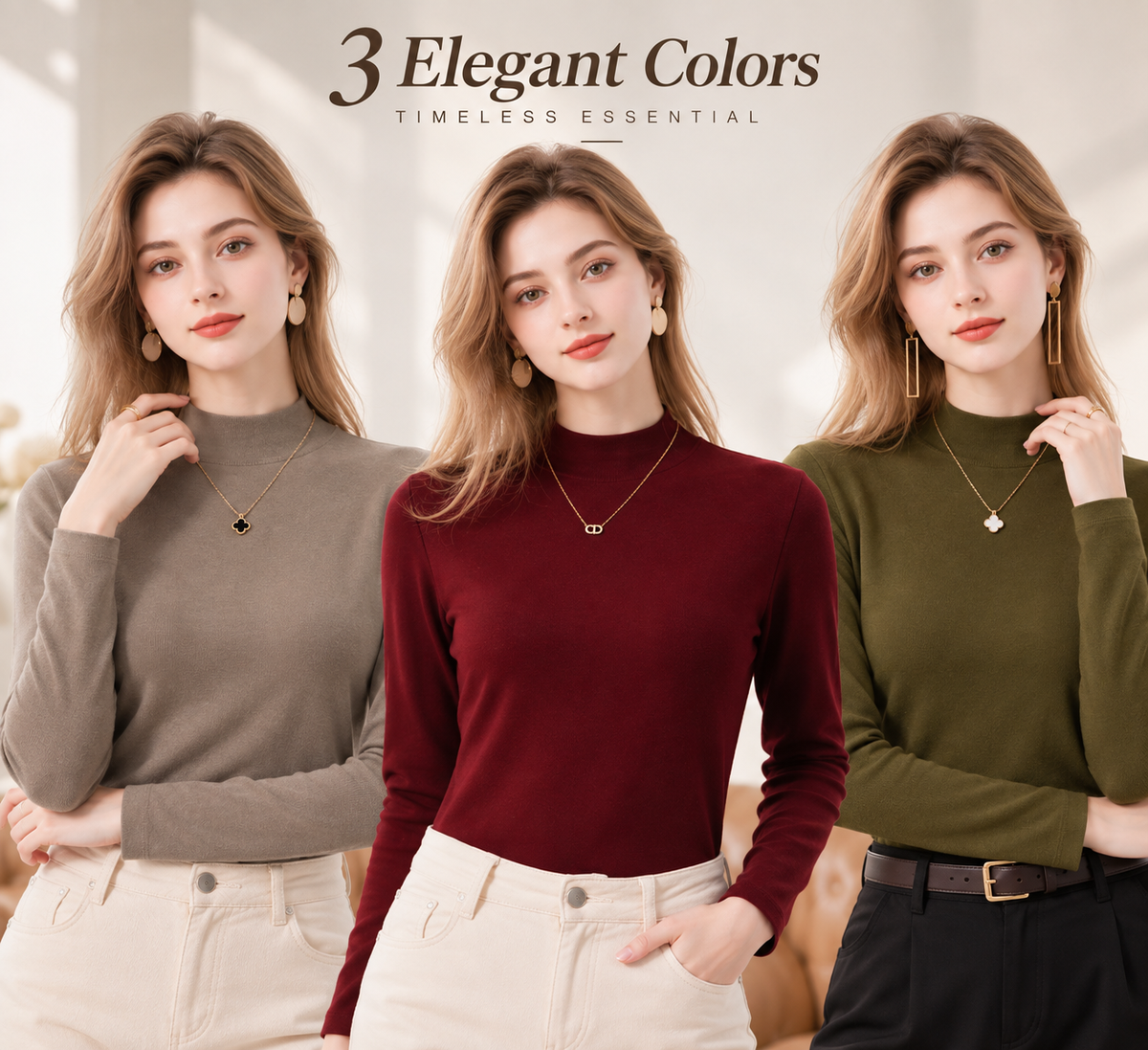 Women's Slim-Fit Mock Neck Knit Top （3pack）