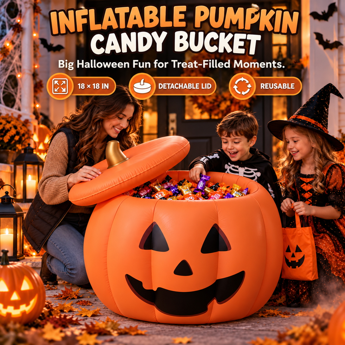 Inflatable Pumpkin Bucket with Detachable Lid & Reusable Design
