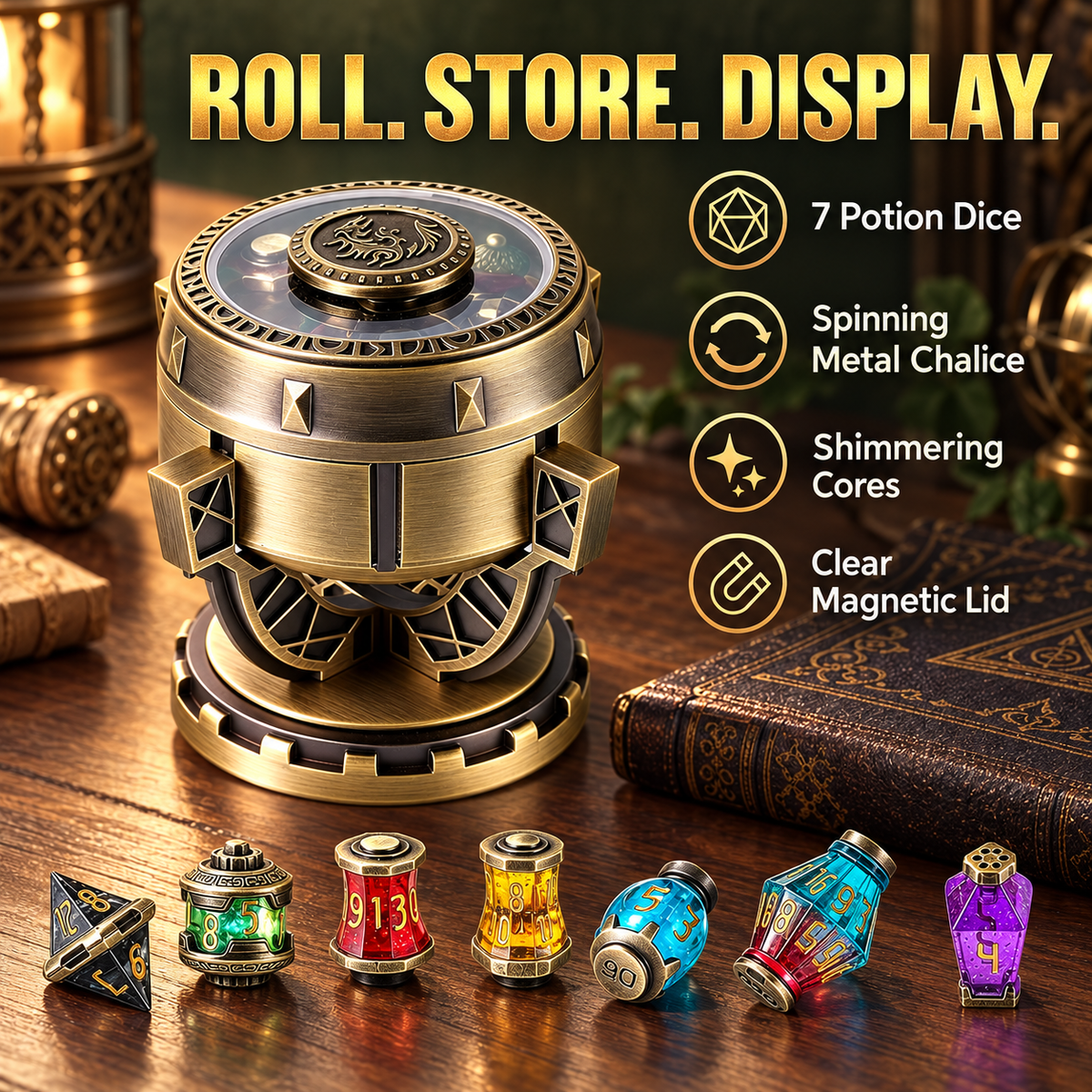 Alchemist’s Metallic Elixir DND Dice Set with Spinning Chalice & Liquid-Core Potion Dice