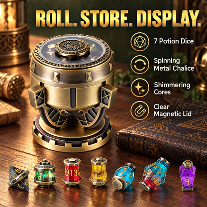 Alchemist’s Metallic Elixir DND Dice Set with Spinning Chalice & Liquid-Core Potion Dice