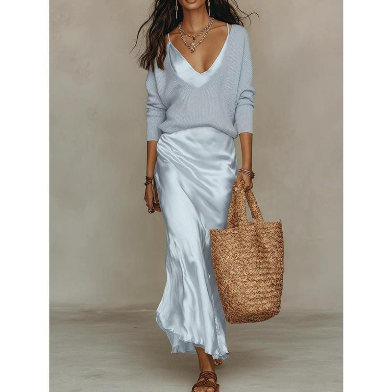 💃Women’s 2-Piece V-Neck Knit Sweater & Satin Slip Maxi Dress Set💃
