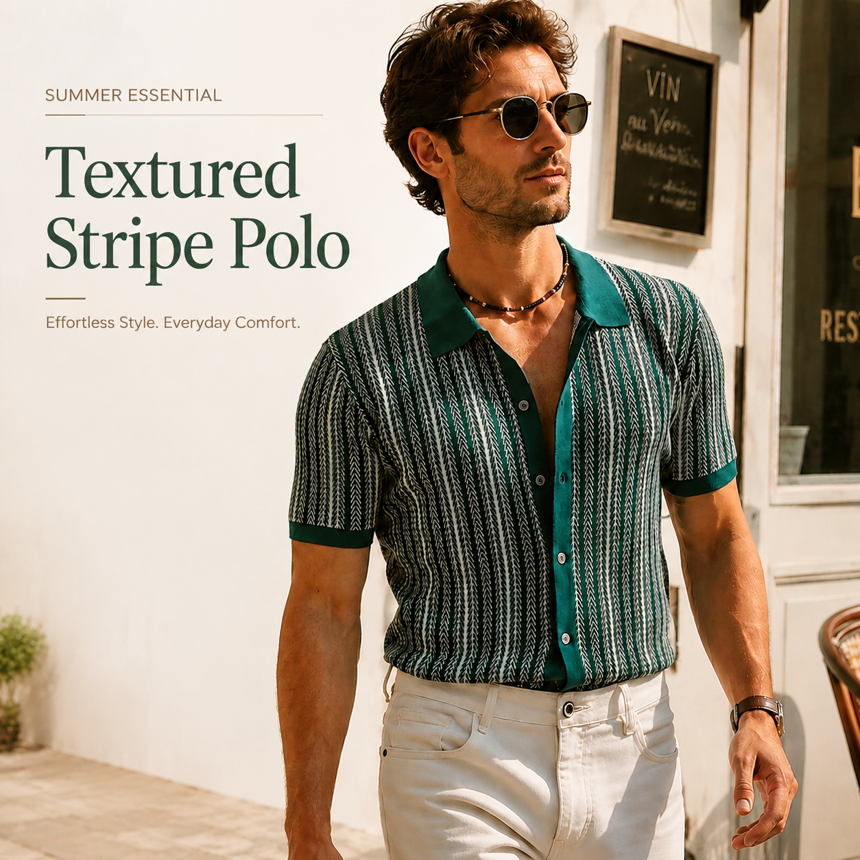 Men’s Vintage Striped Knit Polo Shirt – Retro Button-Front Short Sleeve Top