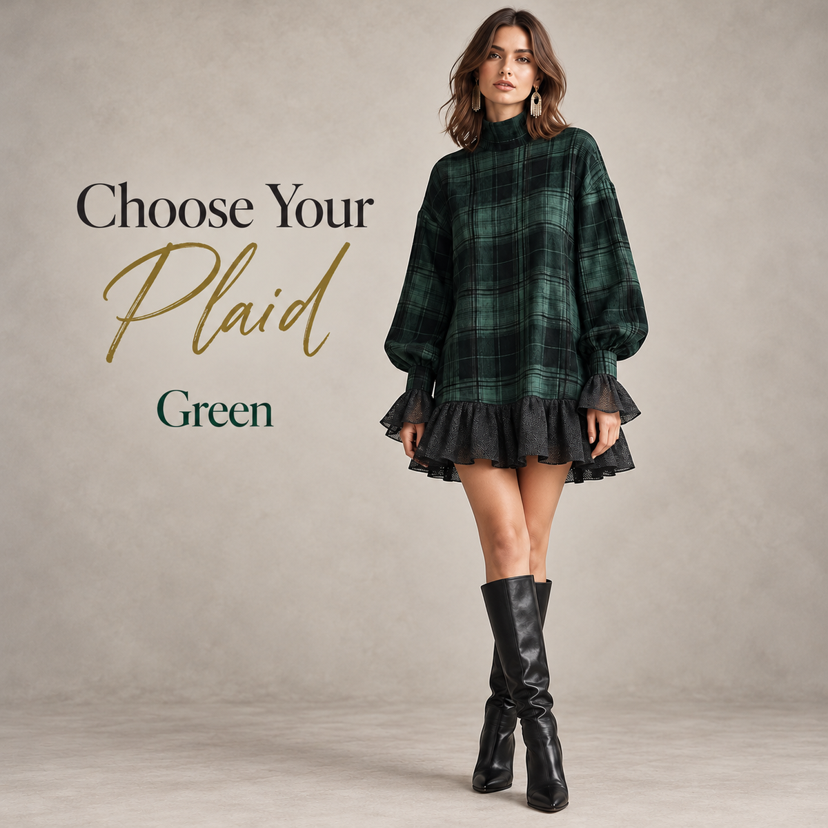 Women's Vintage Plaid Mini Dress – Mock Neck, Relaxed Fit & Ruffle Hem