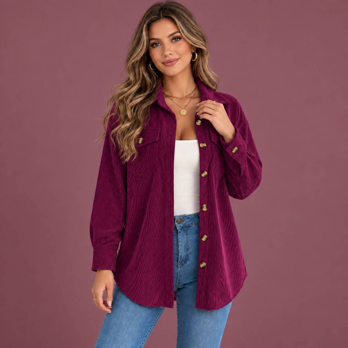 Women’s Corduroy Shacket – Relaxed Fit Button-Up Jacket
