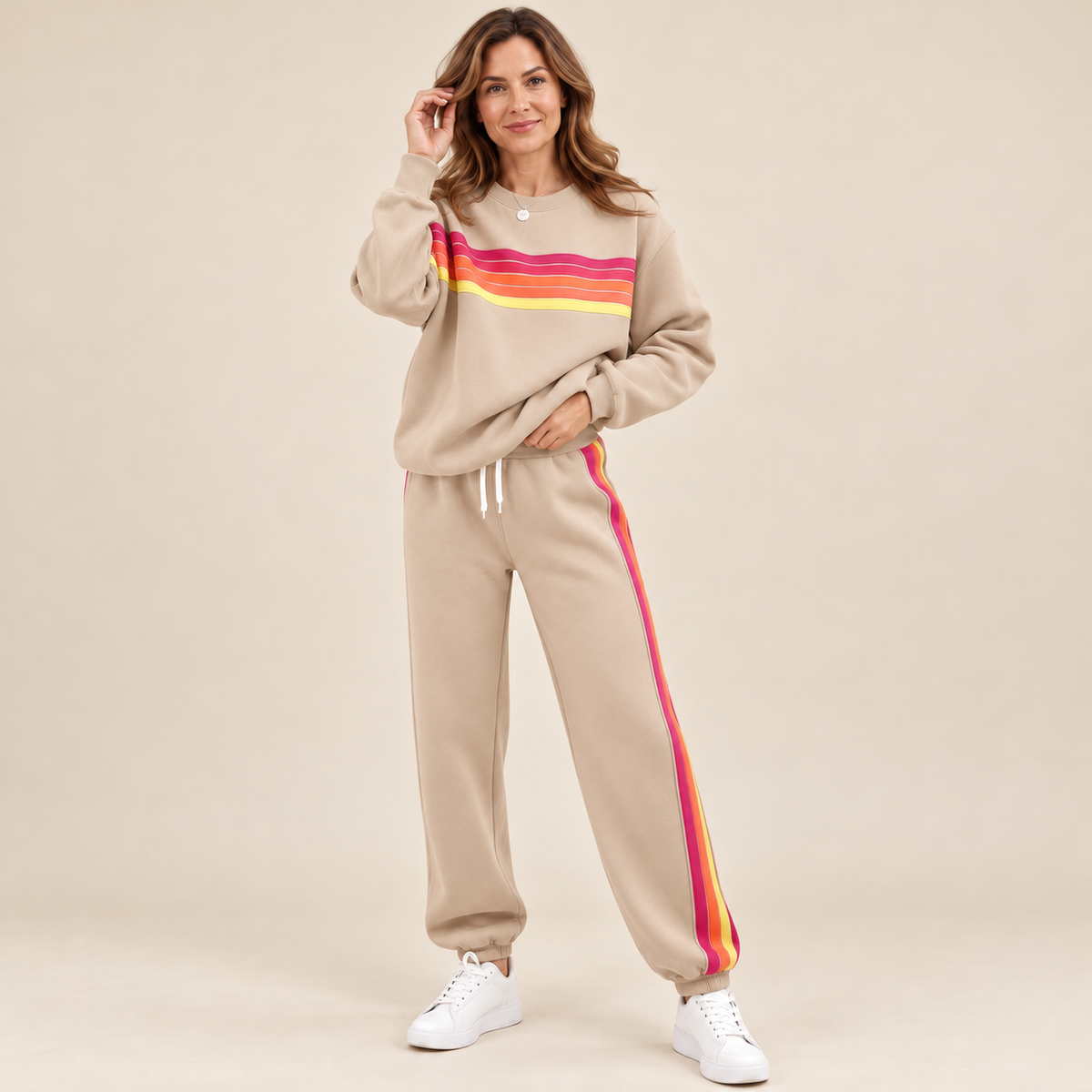 🌈Women's Retro Rainbow Stripe 2-Piece Set – Relaxed Sweatshirt & Drawstring Joggers 💕