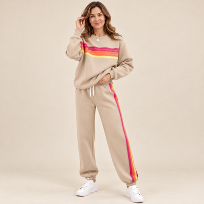 🌈Women's Retro Rainbow Stripe 2-Piece Set – Relaxed Sweatshirt & Drawstring Joggers 💕