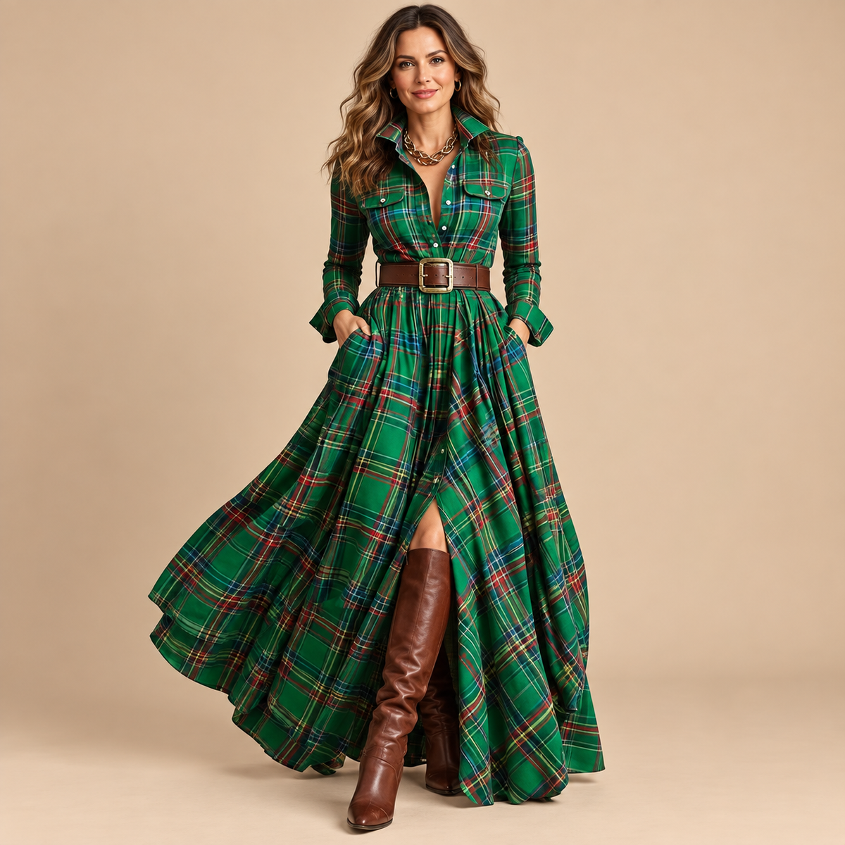 Vintage Plaid Button-Front Maxi Dress – Belt Included