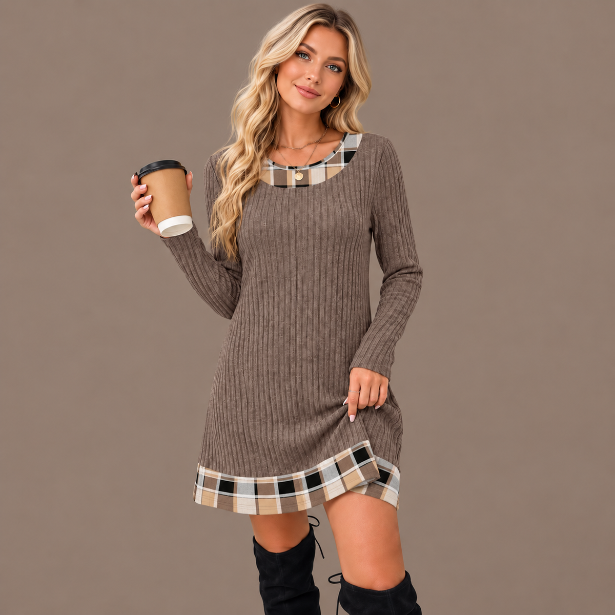 Women’s Plaid Patchwork Sweater Dress – Long Sleeve Knit Style