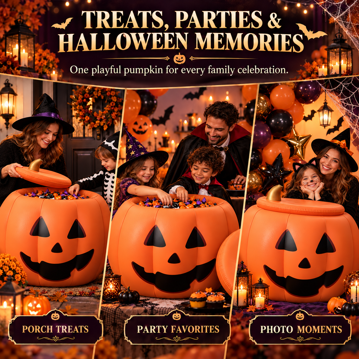 Inflatable Pumpkin Bucket with Detachable Lid & Reusable Design