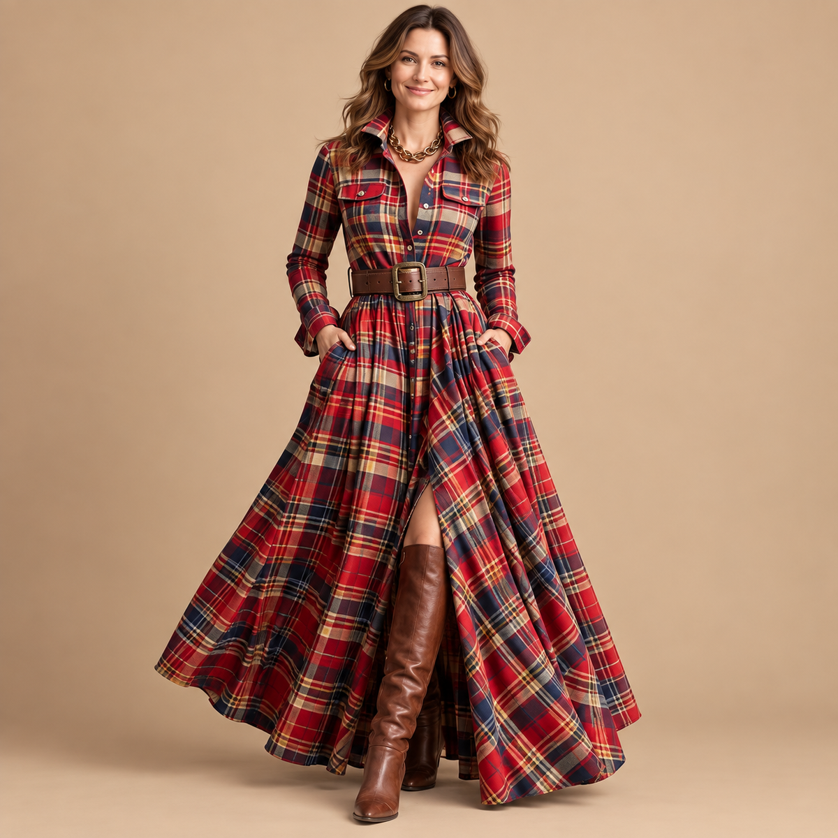 Vintage Plaid Button-Front Maxi Dress – Belt Included