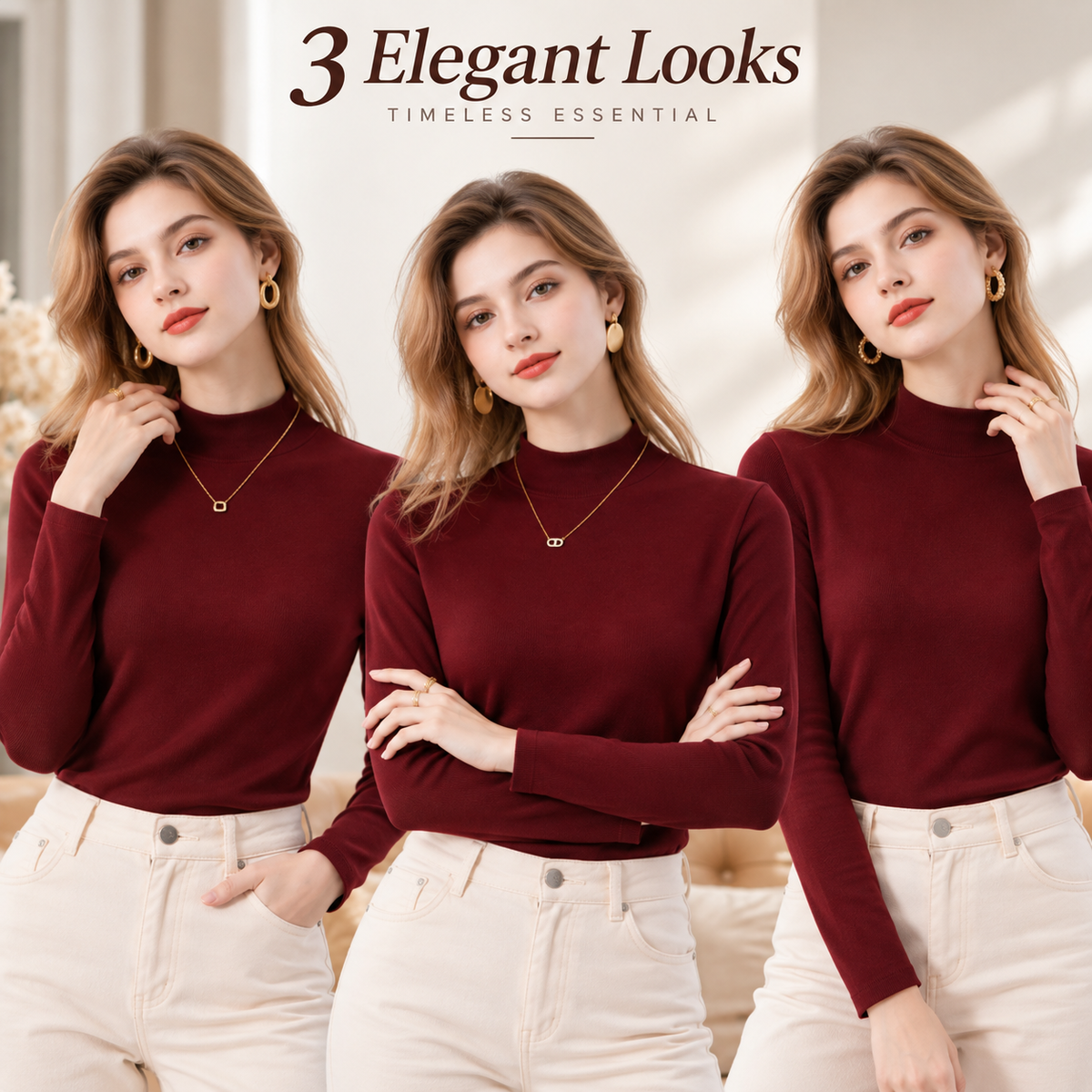 Women's Slim-Fit Mock Neck Knit Top （3pack）
