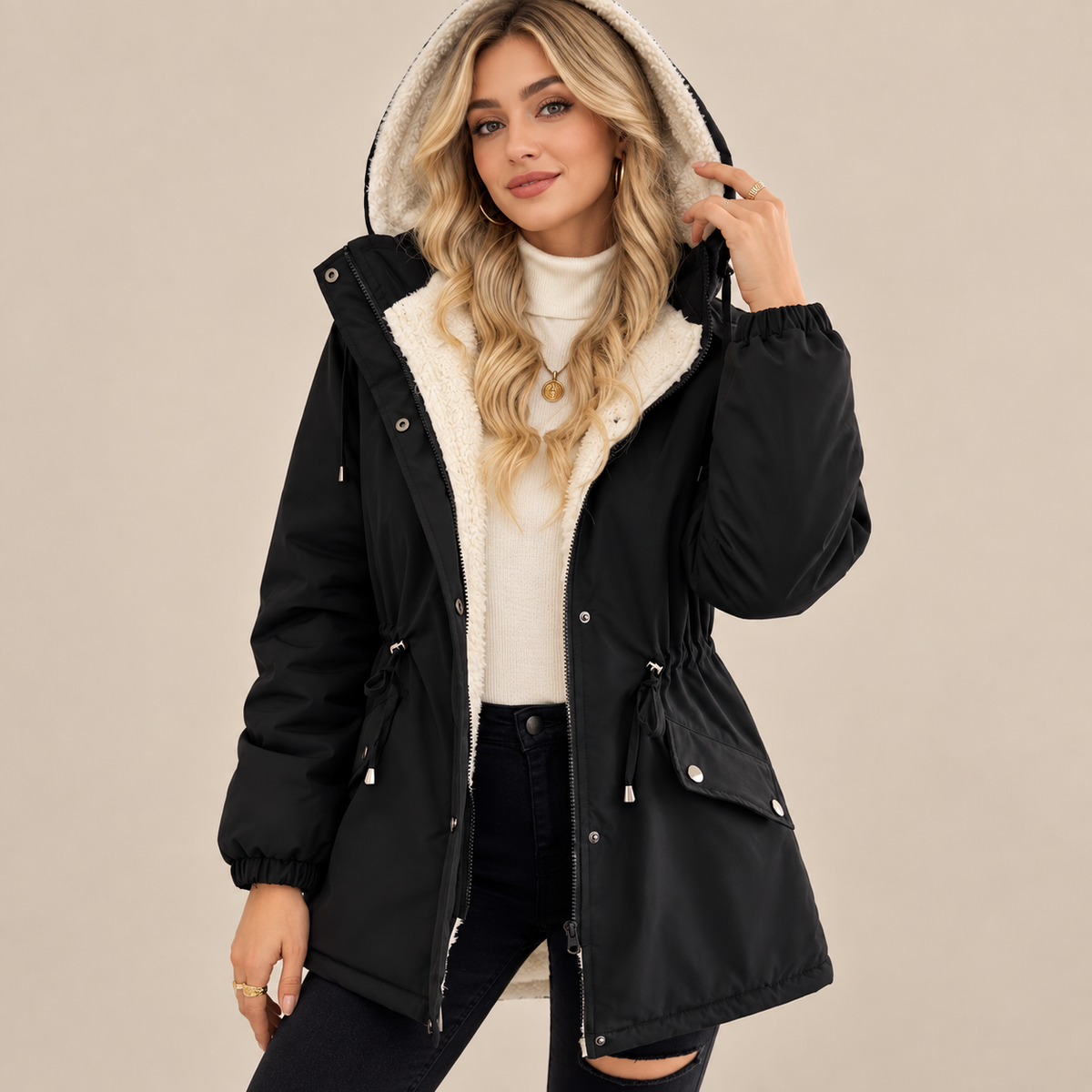 Women's Sherpa-Lined Hooded Winter Parka （Black）
