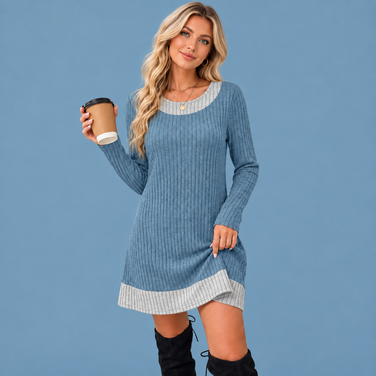 Women’s Plaid Patchwork Sweater Dress – Long Sleeve Knit Style