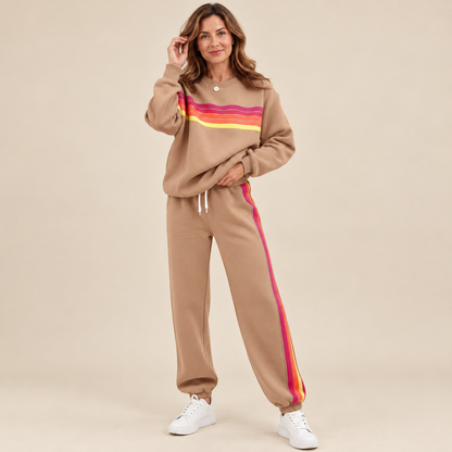🌈Women's Retro Rainbow Stripe 2-Piece Set – Relaxed Sweatshirt & Drawstring Joggers 💕