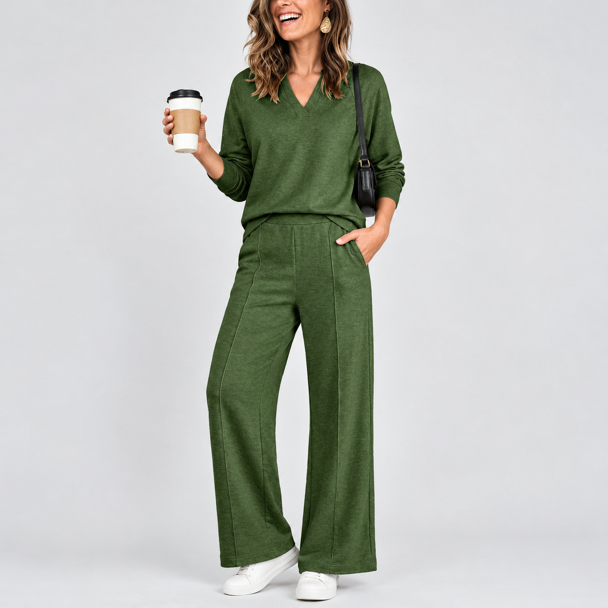 The Tailored V-Neck & Pintuck Wide-Leg Two-Piece Commuter Set
