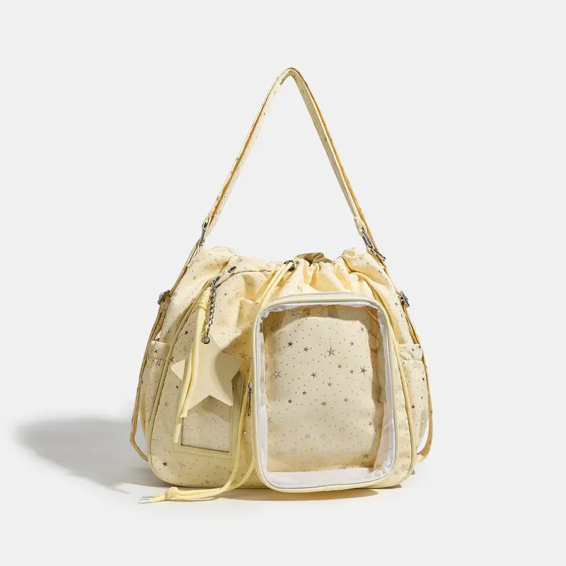 ✨ Star-Embossed Ita Bag | Convertible Drawstring Backpack & Shoulder Bag with Clear Window 🎒