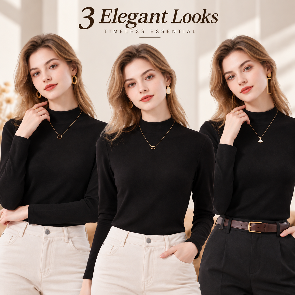Women's Slim-Fit Mock Neck Knit Top （3pack）