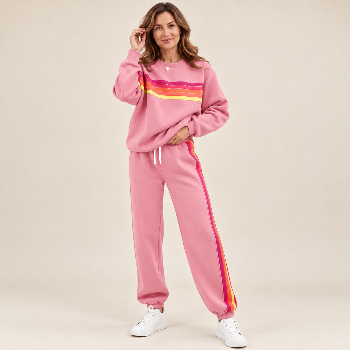🌈Women's Retro Rainbow Stripe 2-Piece Set – Relaxed Sweatshirt & Drawstring Joggers 💕