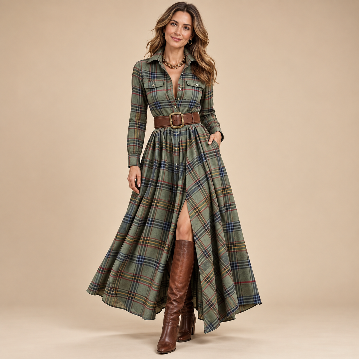 Vintage Plaid Button-Front Maxi Dress – Belt Included