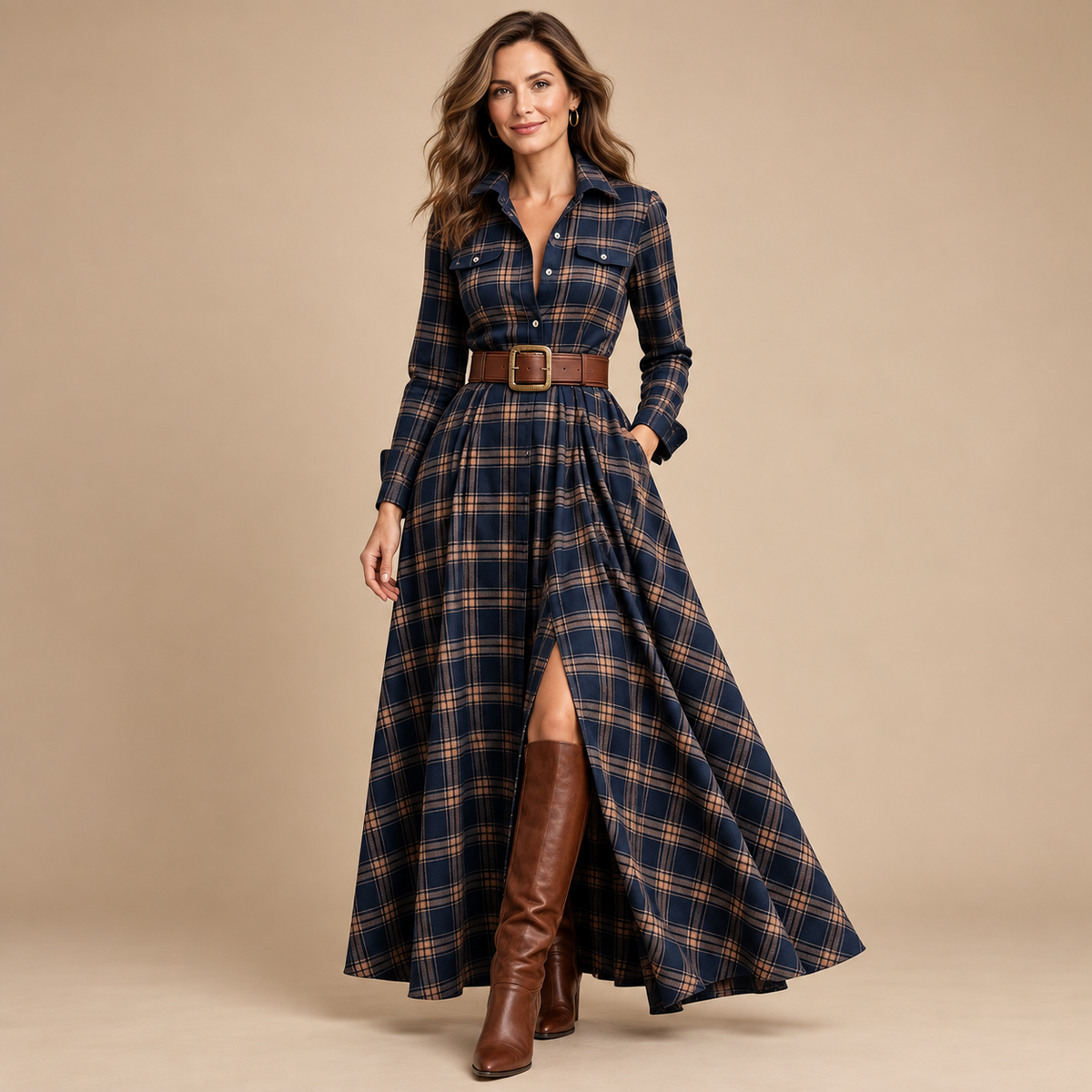 Vintage Plaid Button-Front Maxi Dress – Belt Included