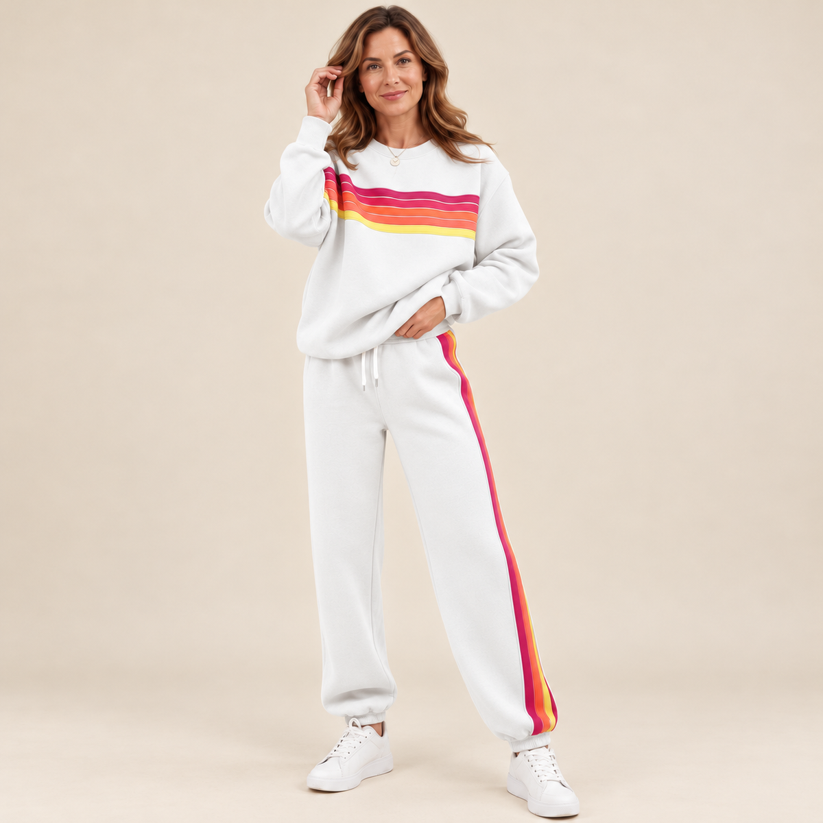 🌈Women's Retro Rainbow Stripe 2-Piece Set – Relaxed Sweatshirt & Drawstring Joggers 💕