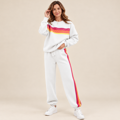 🌈Women's Retro Rainbow Stripe 2-Piece Set – Relaxed Sweatshirt & Drawstring Joggers 💕
