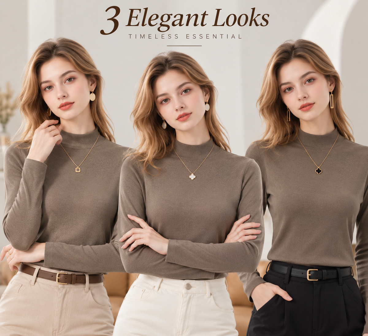 Women's Slim-Fit Mock Neck Knit Top （3pack）