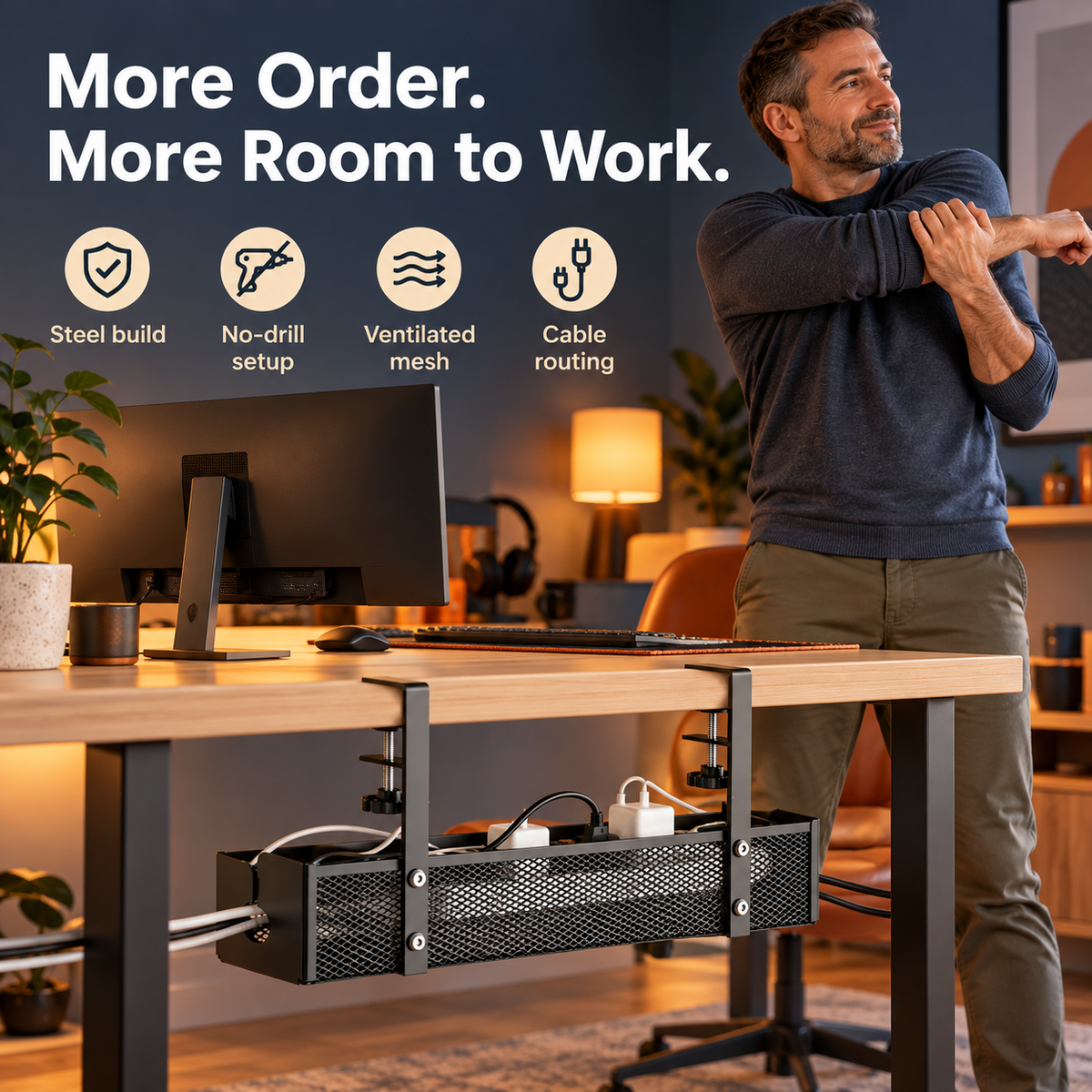 Under-Desk Cable Management Tray – No-Drill Clamp Organizer for Desks Up to 2" Thick