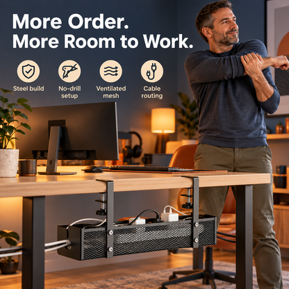 Under-Desk Cable Management Tray – No-Drill Clamp Organizer for Desks Up to 2" Thick