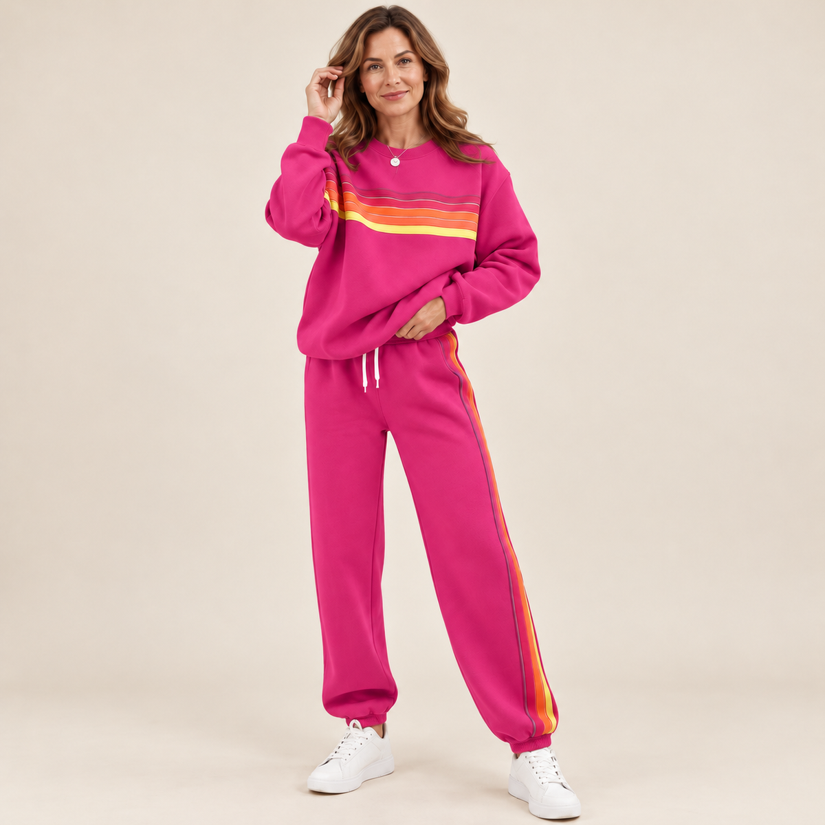 🌈Women's Retro Rainbow Stripe 2-Piece Set – Relaxed Sweatshirt & Drawstring Joggers 💕