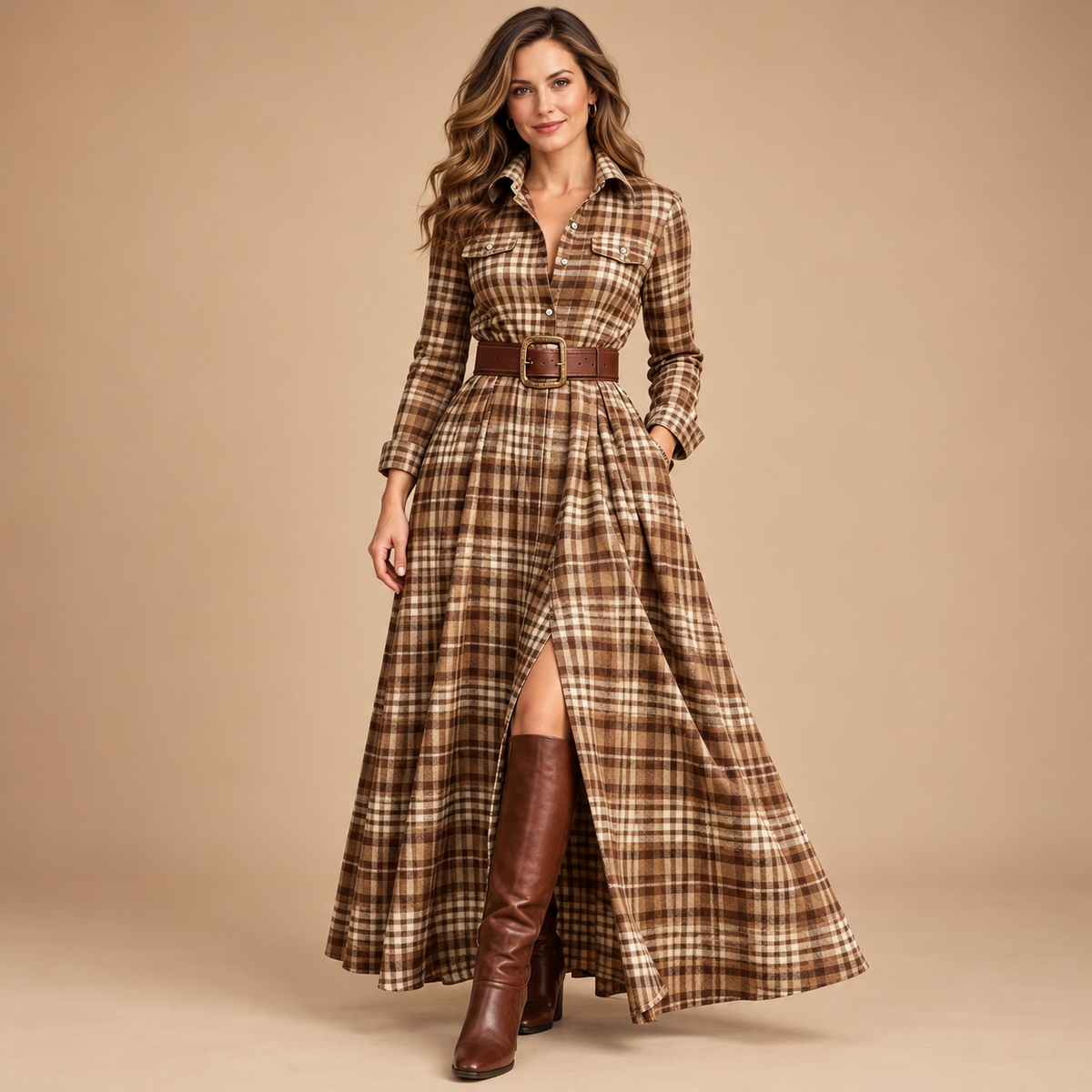 Vintage Plaid Button-Front Maxi Dress – Belt Included