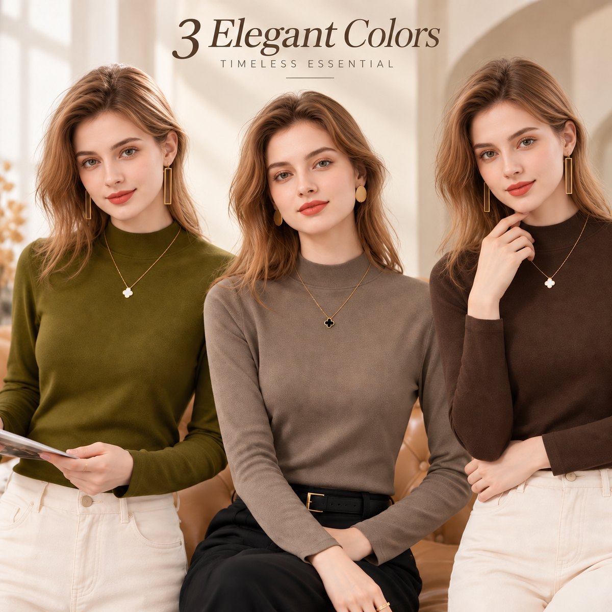 Women's Slim-Fit Mock Neck Knit Top （3pack）
