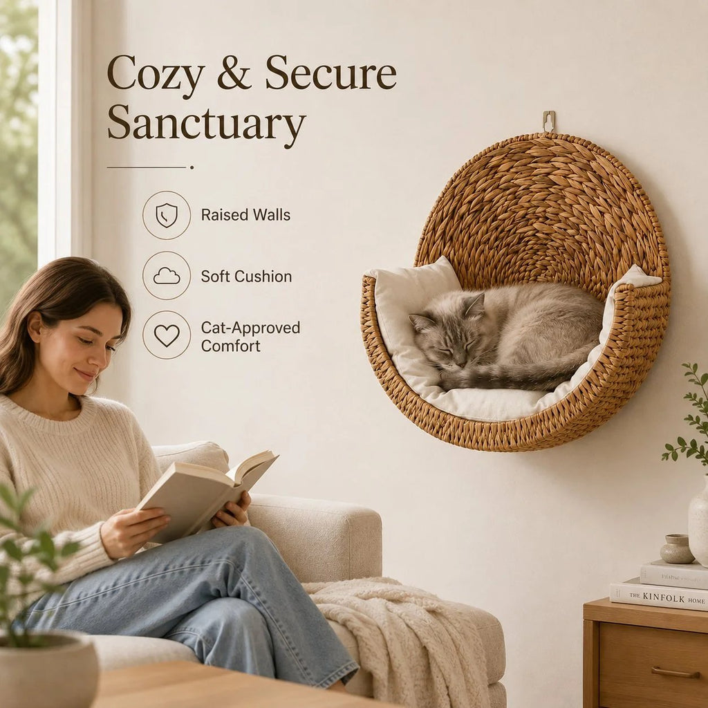 Handwoven Floating Cat Bed & Wall Perch: Space-Saving Lounger with Ultra-Soft Washable Cushion 🐱✨