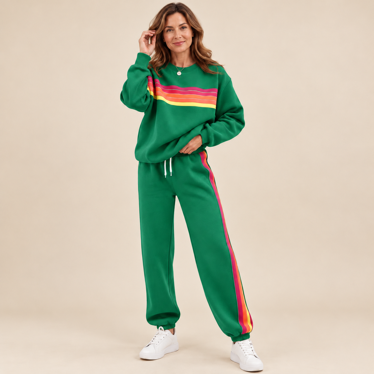 🌈Women's Retro Rainbow Stripe 2-Piece Set – Relaxed Sweatshirt & Drawstring Joggers 💕